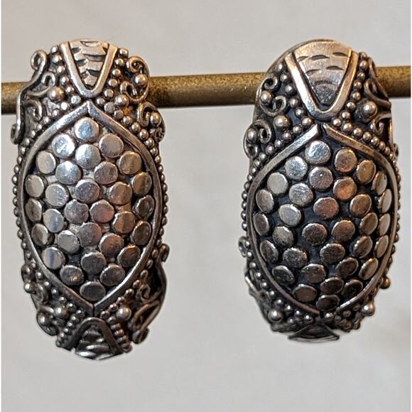 Vintage 925 Sterling Bali Elongated Dotted Scroll Design Pierced Post Earrings